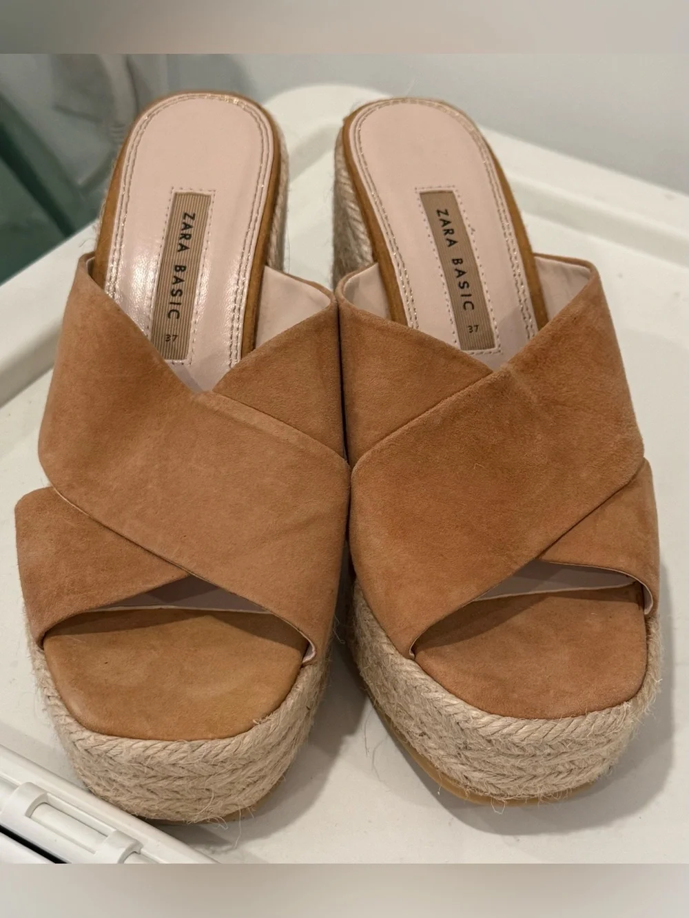 Zara Basic Tan Suede Espadrille Platform Mule Sandals Block Heel EU 37 US 6.5 7